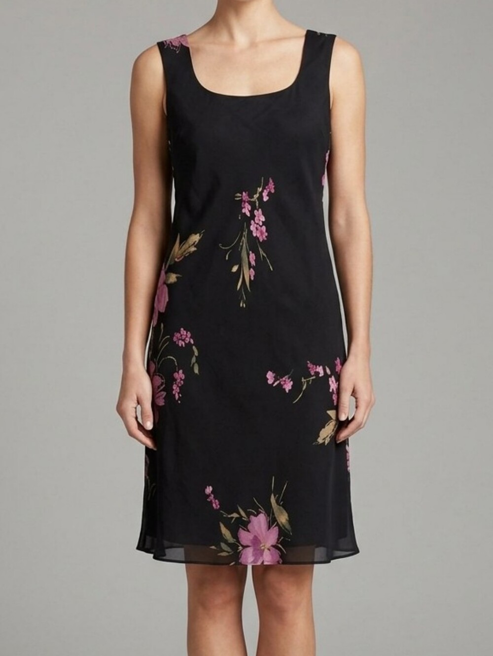 Jones New York Midi Dress 100% Silk Floral Black Pink Sleeveless, Size 10
